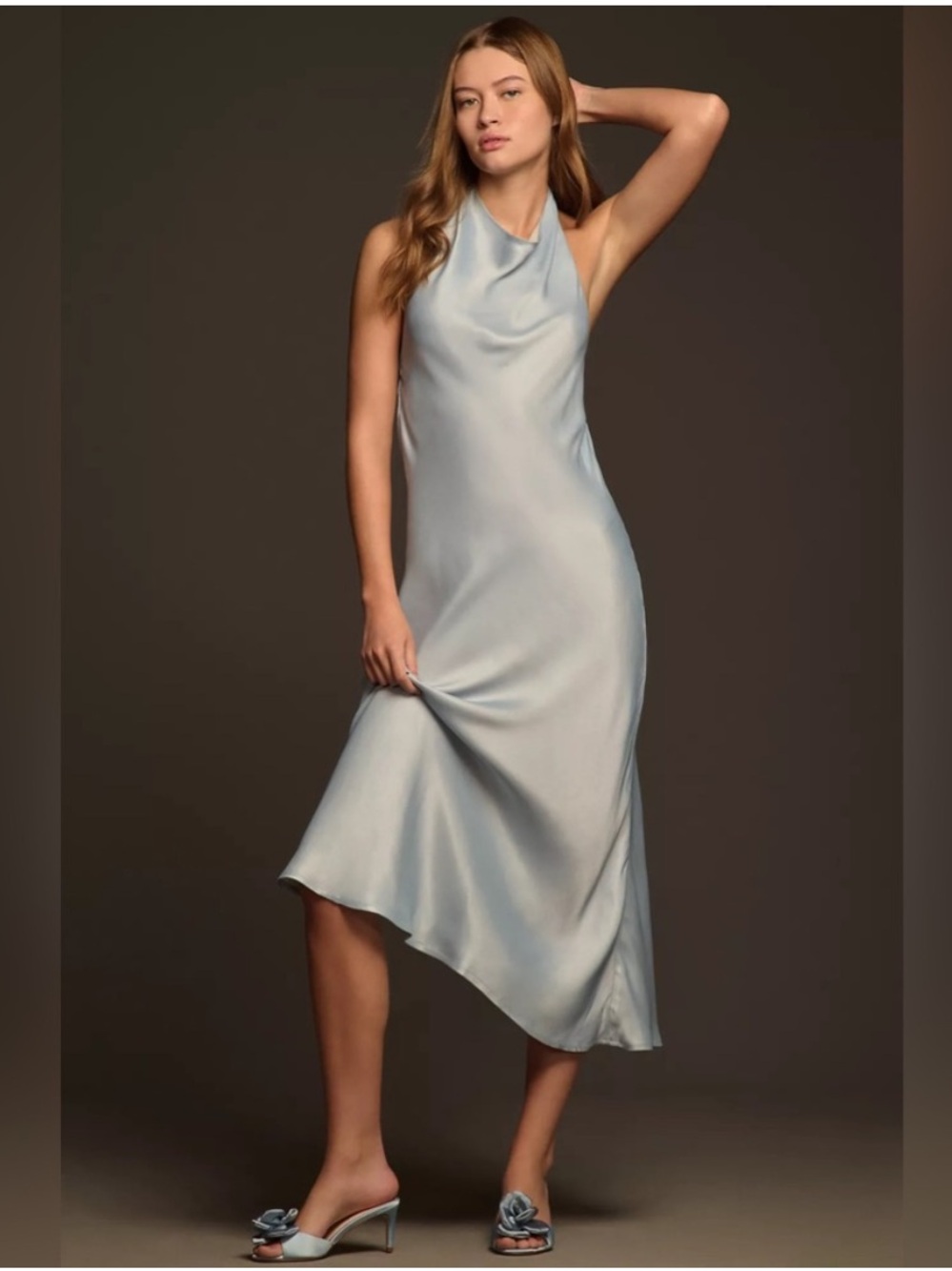Silky Cowl Neck Midi Dress in Light Blue